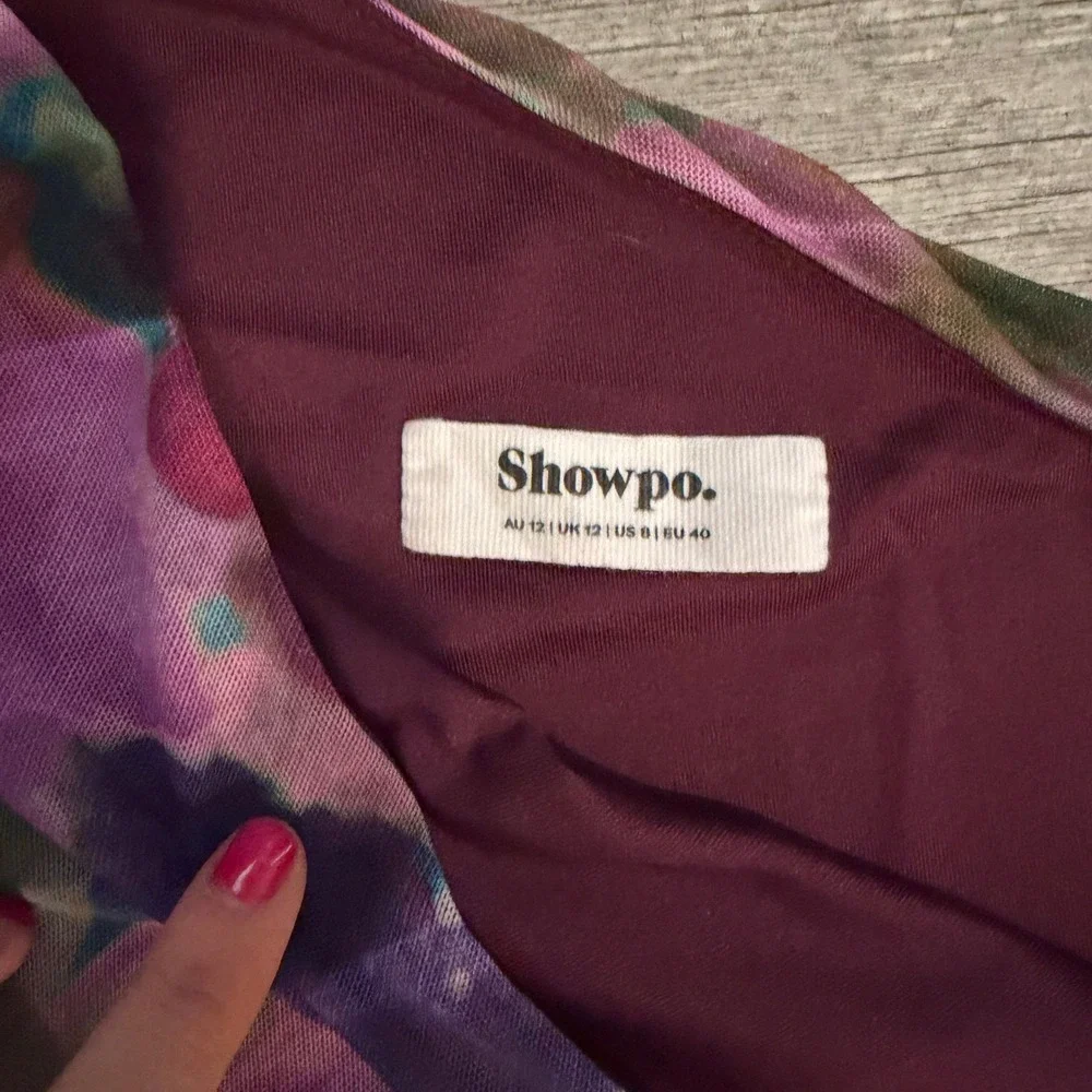 Showpo One Shoulder Ruched Mesh Midi Dress Floral Watercolor Purple Teal US 8 - Picture 5 of 7